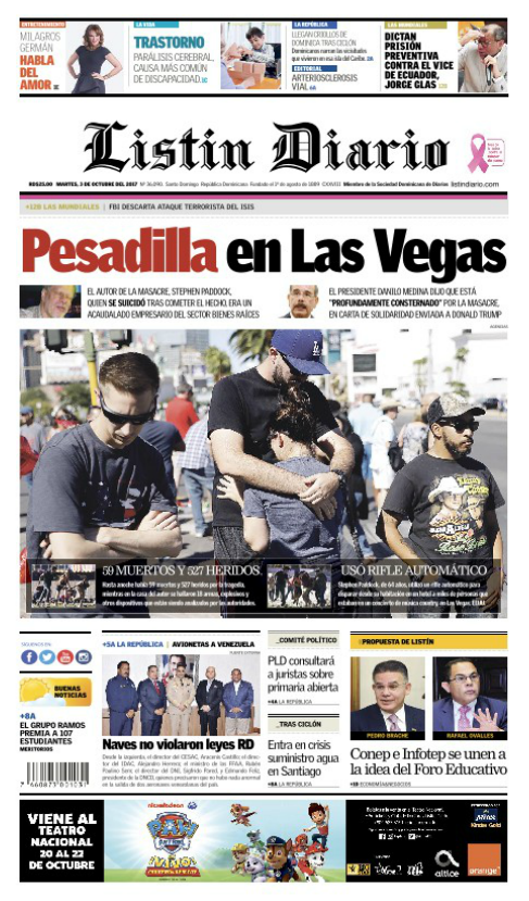 Portada Periódico Listín Diario, Martes 03 de Octubre 2017