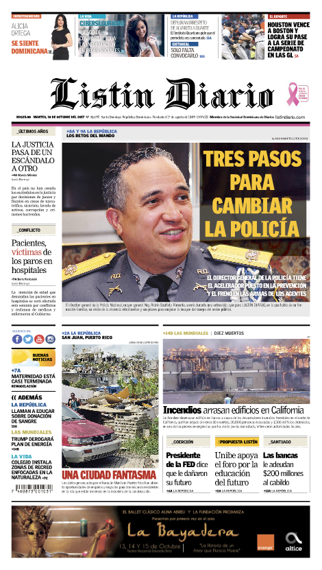 Portada Periódico Listín Diario, Martes 10 de Octubre 2017