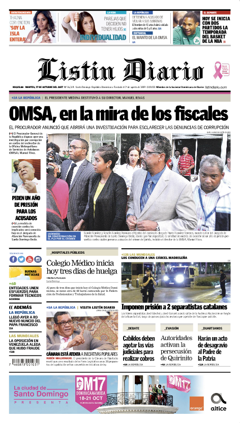 Portada Periódico Listín Diario, Martes 17 de Octubre 2017