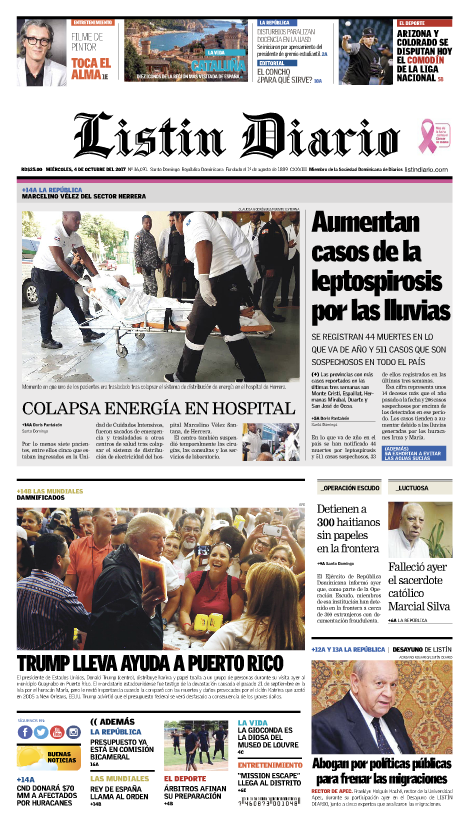 Portada Periódico Listín Diario, Miércoles 04 de Octubre 2017