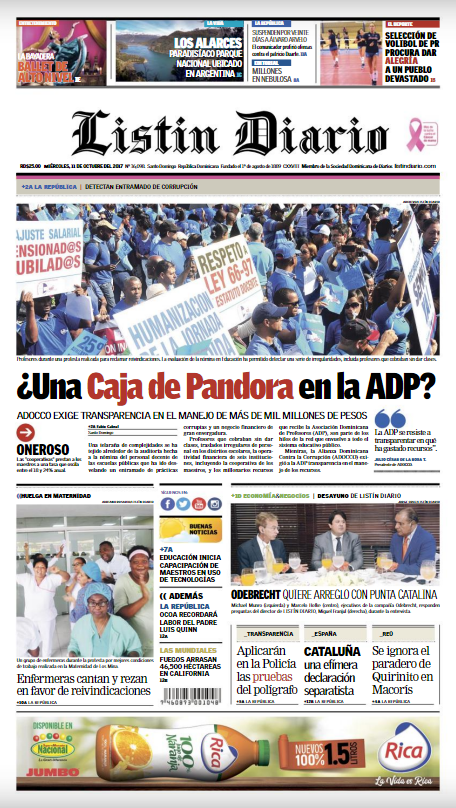 Portada Periódico Listín Diario, Miércoles 11 de Octubre 2017