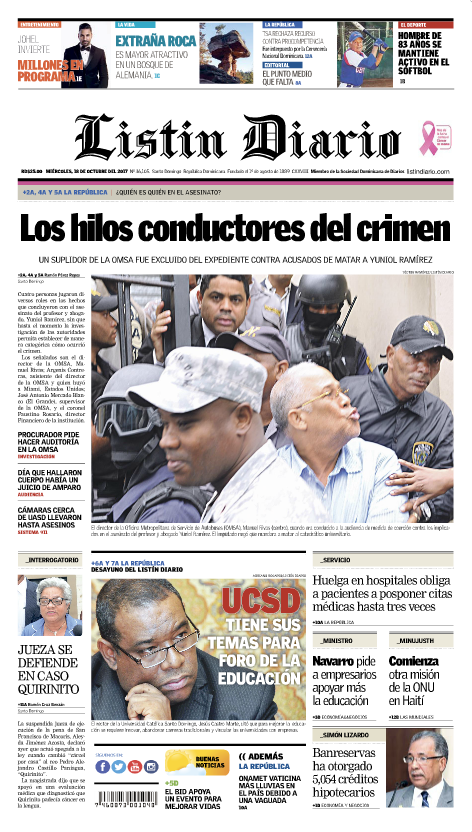 Portada Periódico Listín Diario, Miércoles 18 de Octubre 2017