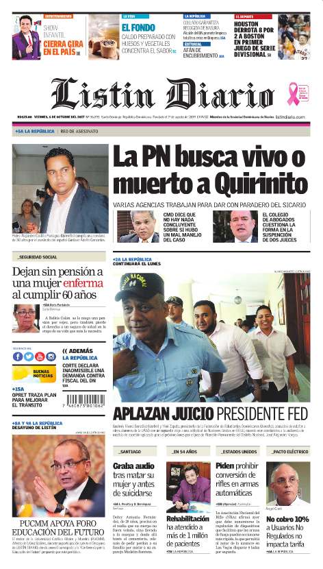 Portada Periódico Listín Diario, Viernes 06 de Octubre 2017
