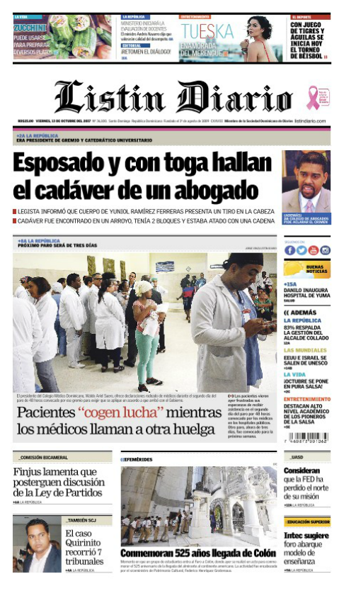 Portada Periódico Listín Diario, Viernes 13 de Octubre 2017