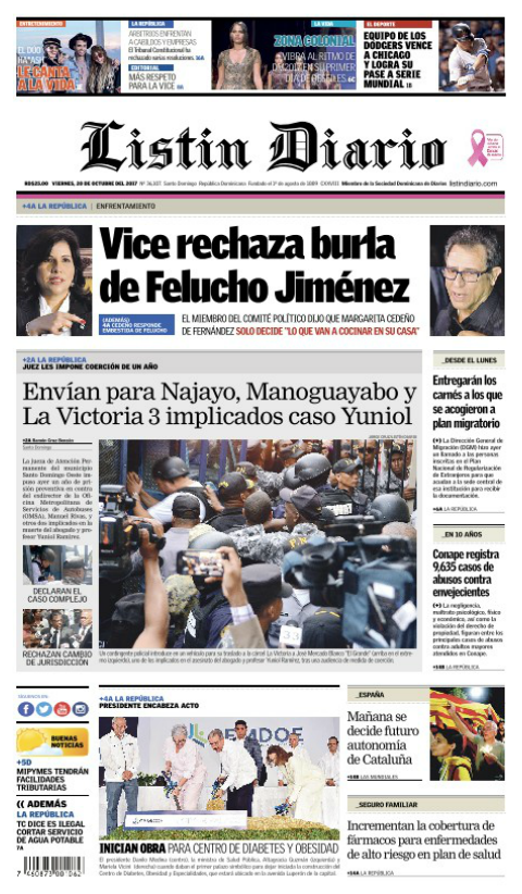 Portada Periódico Listín Diario, Viernes 20 de Octubre 2017