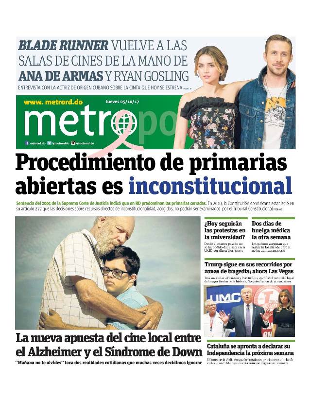 Portada Periódico Metro, Jueves 05 de Octubre 2017
