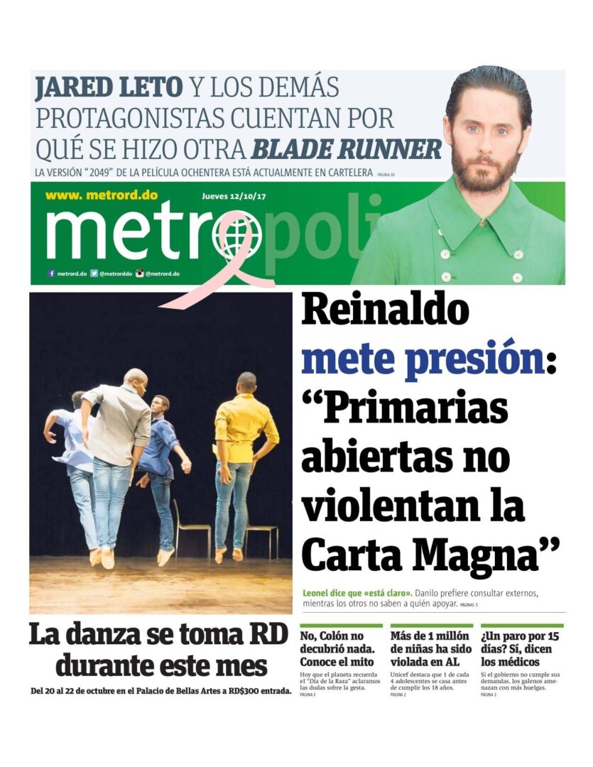 Portada Periódico Metro, Jueves 12 de Octubre 2017