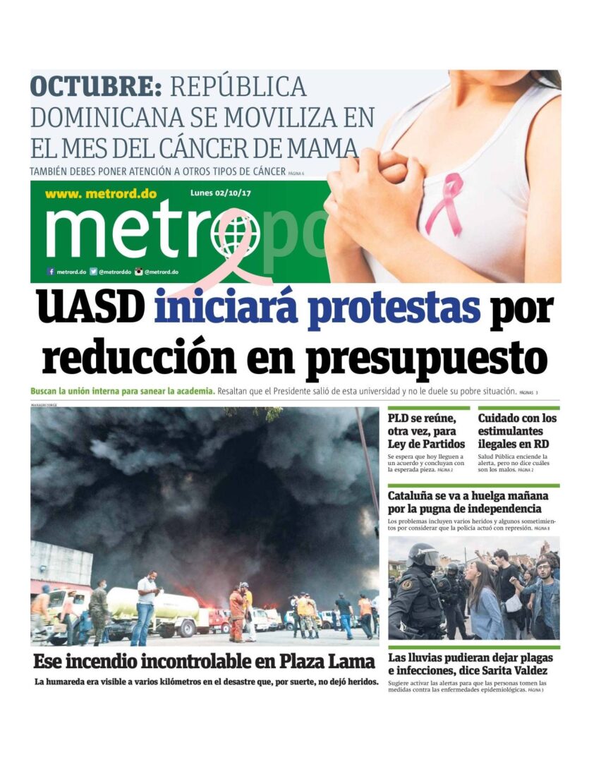 Portada Periódico Metro, Lunes 02 de Octubre 2017