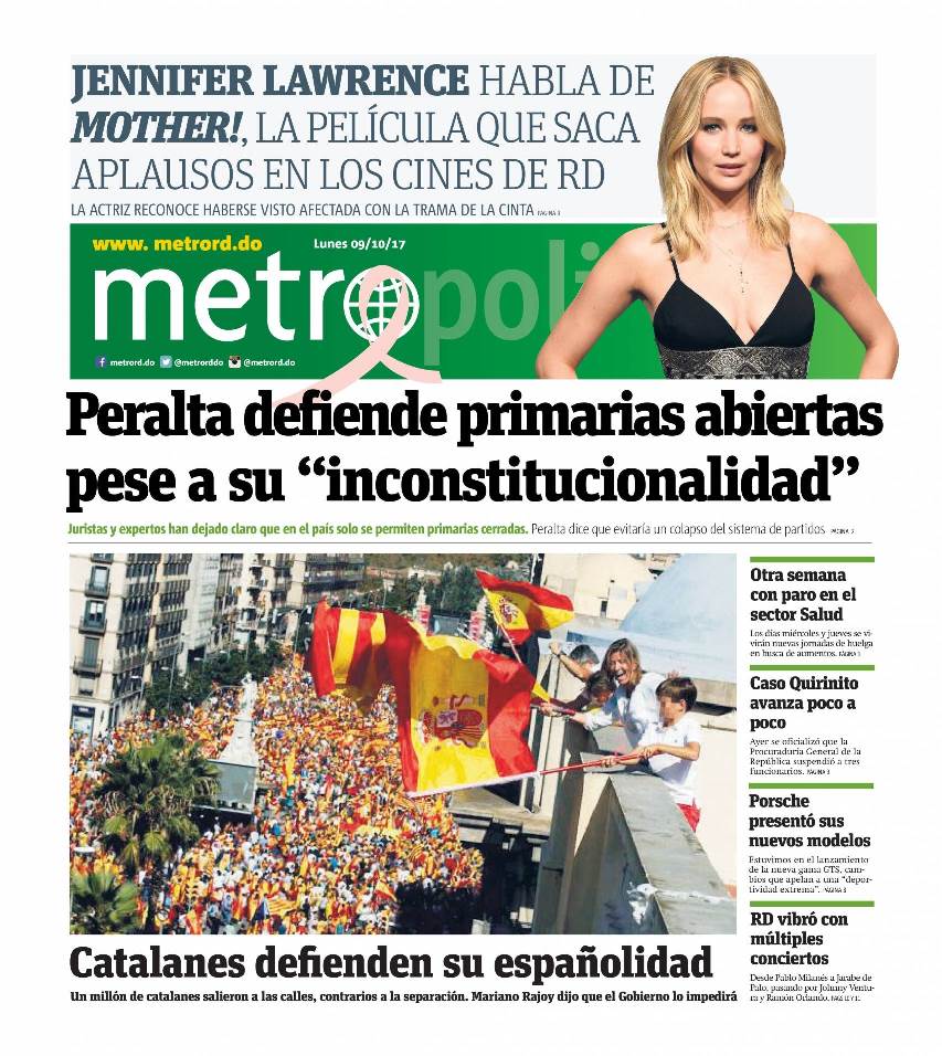 Portada Periódico Metro, Lunes 09 de Octubre 2017
