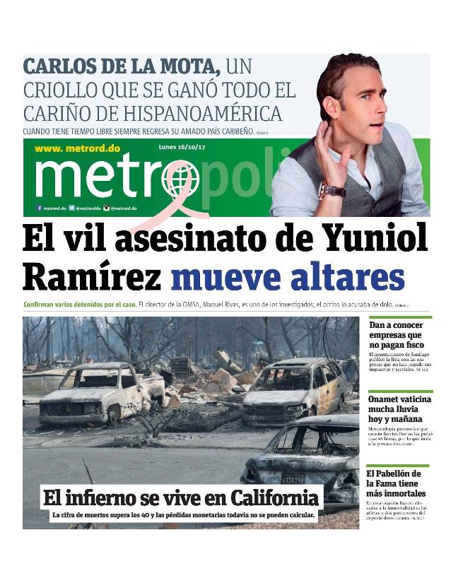 Portada Periódico Metro, Lunes 16 de Octubre 2017