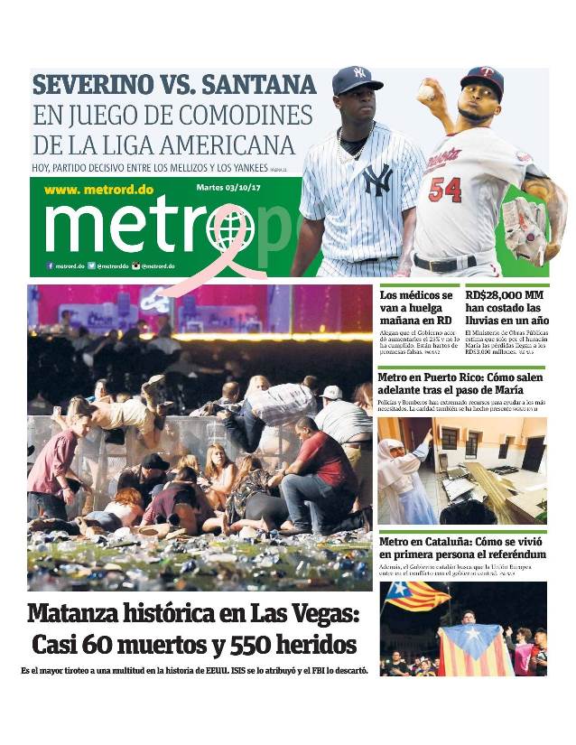 Portada Periódico Metro, Martes 03 de Octubre 2017