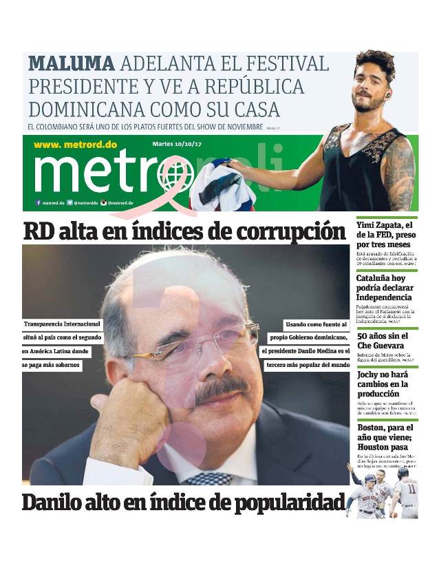 Portada Periódico Metro, Martes 10 de Octubre 2017