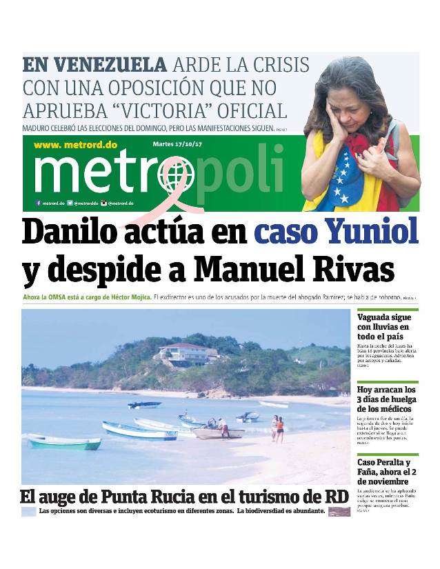 Portada Periódico Metro, Martes 17 de Octubre 2017
