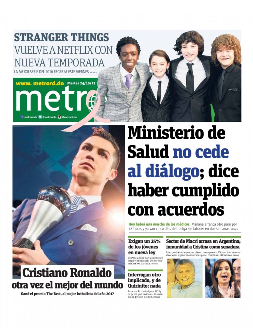 Portada Periódico Metro, Martes 24 de Octubre 2017