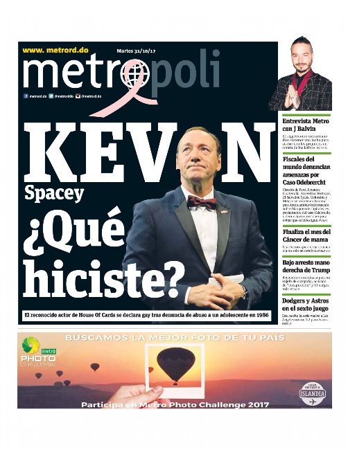 Portada Periódico Metro, Martes 31 de Octubre 2017