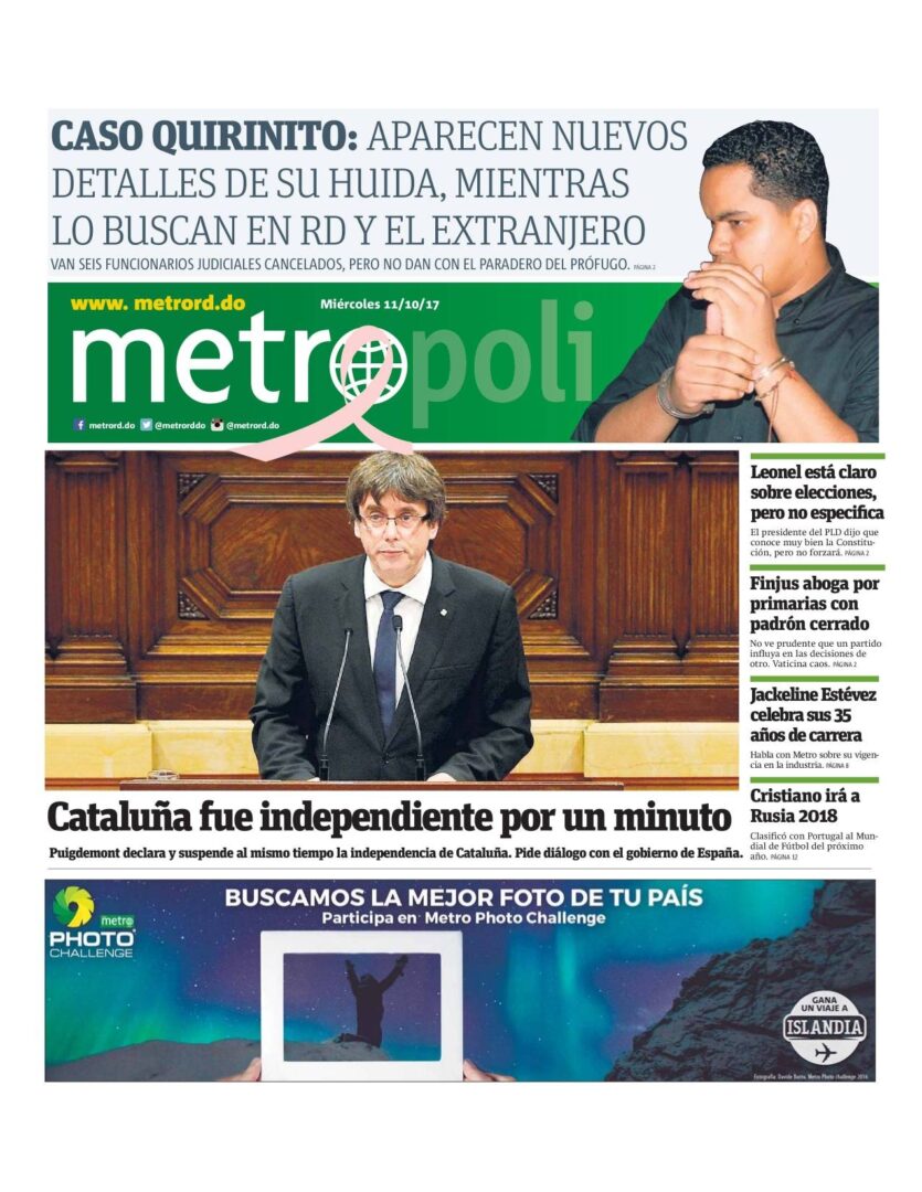 Portada Periódico Metro, Miércoles 11 de Octubre 2017