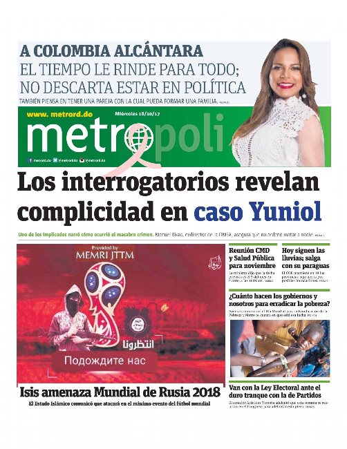 Portada Periódico Metro, Miércoles 18 de Octubre 2017
