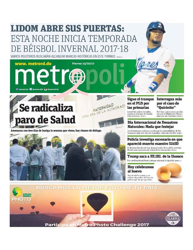 Portada Periódico Metro, Viernes 13 de Octubre 2017