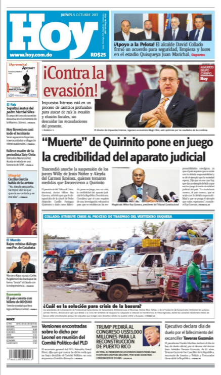 Portada Periódico Periódico Hoy, Jueves 05 de Octubre 2017