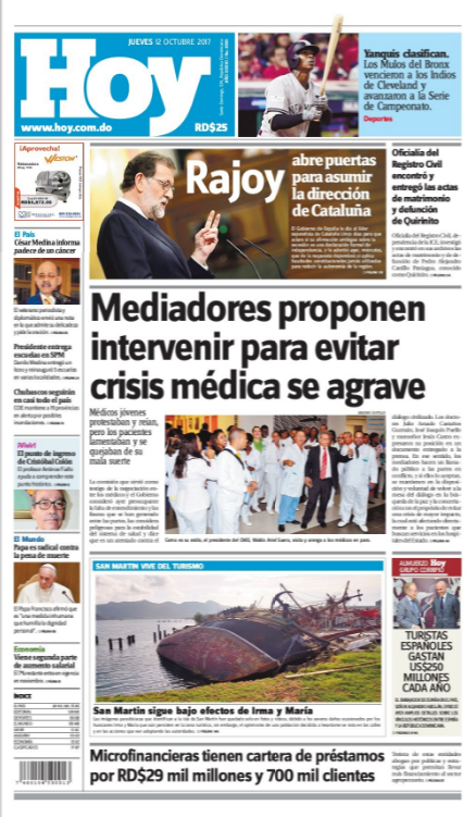 Portada Periódico Periódico Hoy, Jueves 12 de Octubre 2017