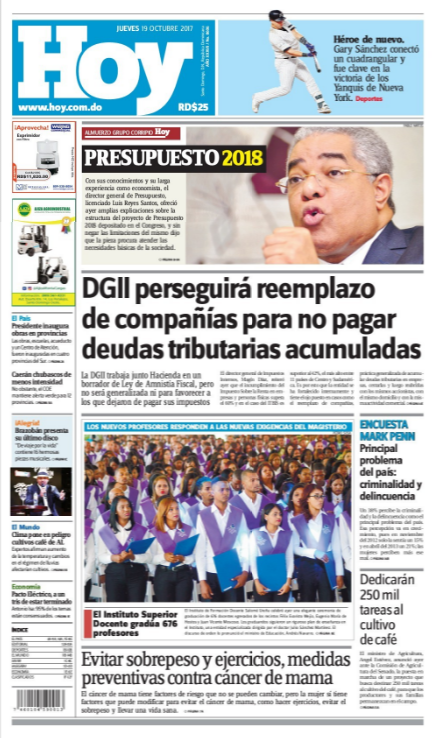 Portada Periódico Periódico Hoy, Jueves 19 de Octubre 2017