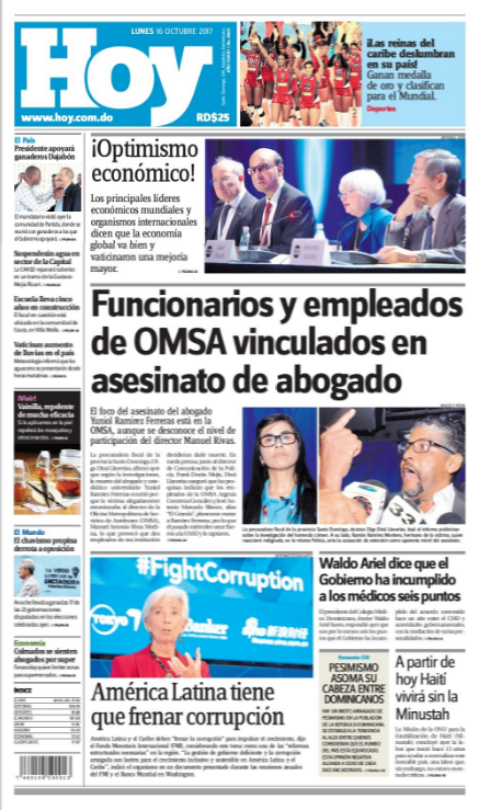 Portada Periódico Periódico Hoy, Lunes 16 de Octubre 2017