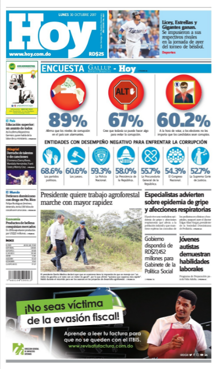 Portada Periódico Periódico Hoy, Lunes 30 de Octubre 2017