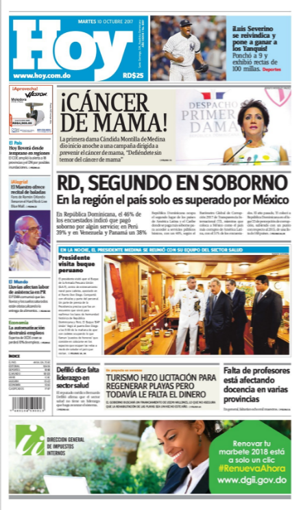 Portada Periódico Periódico Hoy, Martes 10 de Octubre 2017