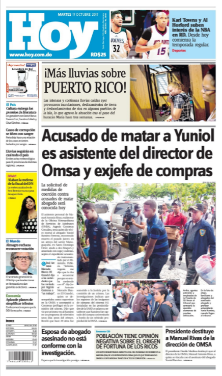 Portada Periódico Periódico Hoy, Martes 17 de Octubre 2017