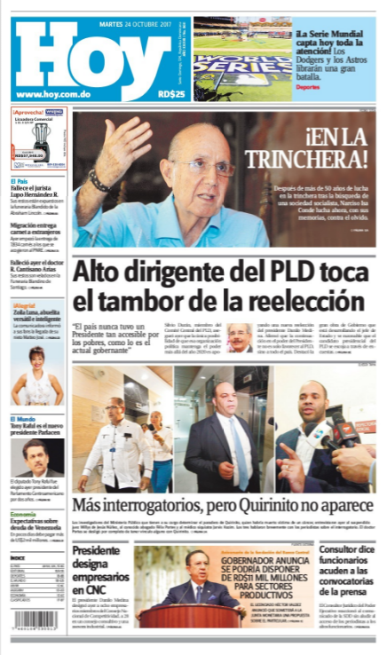 Portada Periódico Periódico Hoy, Martes 24 de Octubre 2017