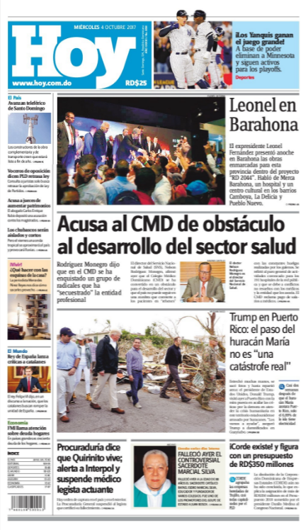 Portada Periódico Periódico Hoy, Miércoles 04 de Octubre 2017