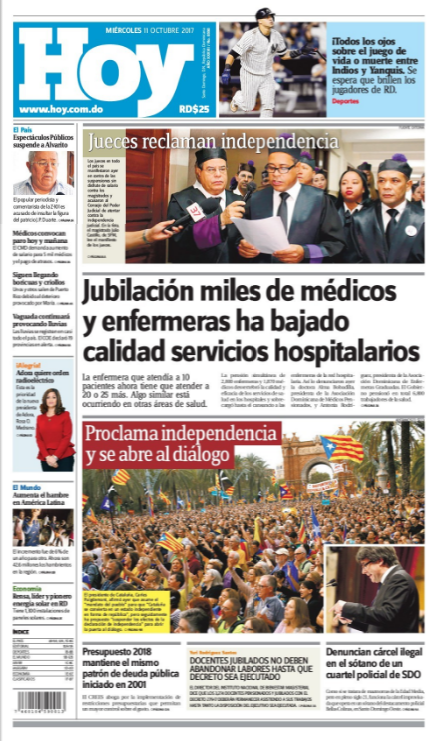 Portada Periódico Periódico Hoy, Miércoles 11 de Octubre 2017