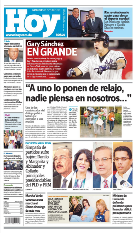 Portada Periódico Periódico Hoy, Miércoles 18 de Octubre 2017