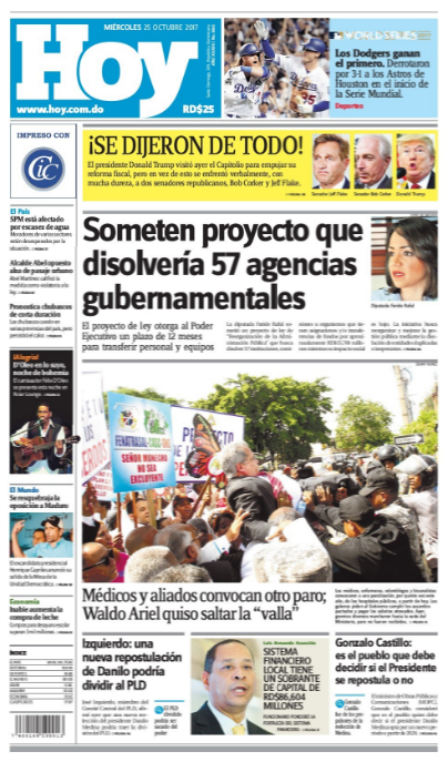 Portada Periódico Periódico Hoy, Miércoles 25 de Octubre 2017
