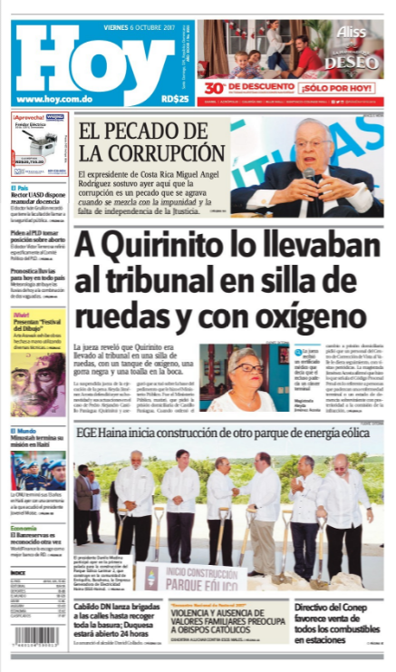 Portada Periódico Periódico Hoy, Viernes 06 de Octubre 2017