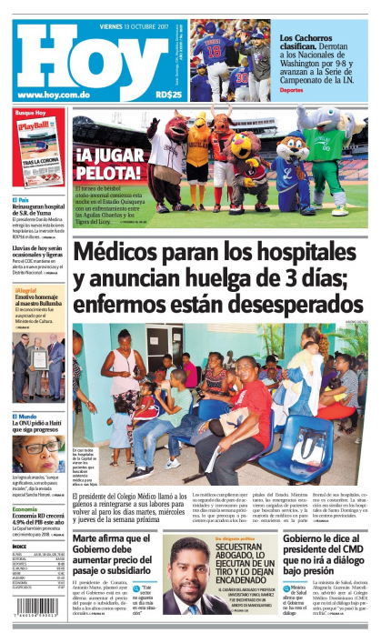 Portada Periódico Periódico Hoy, Viernes 13 de Octubre 2017
