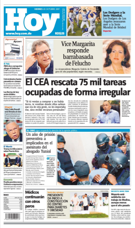 Portada Periódico Periódico Hoy, Viernes 20 de Octubre 2017