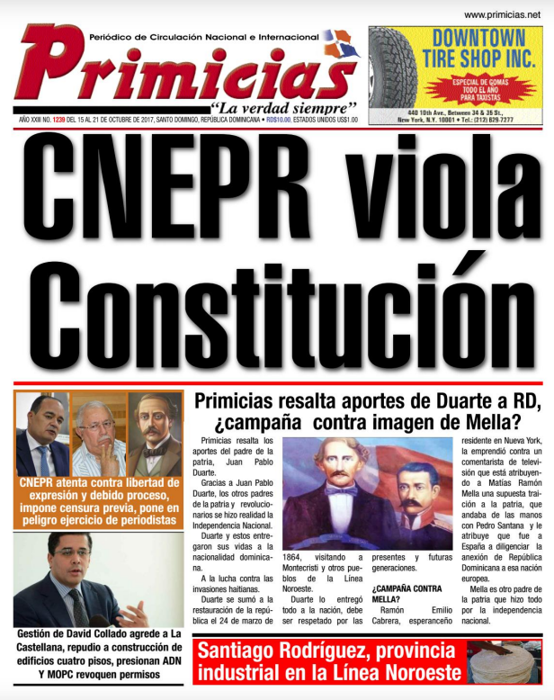 Portada Periódico Primicias, Lunes 16 de Octubre 2017