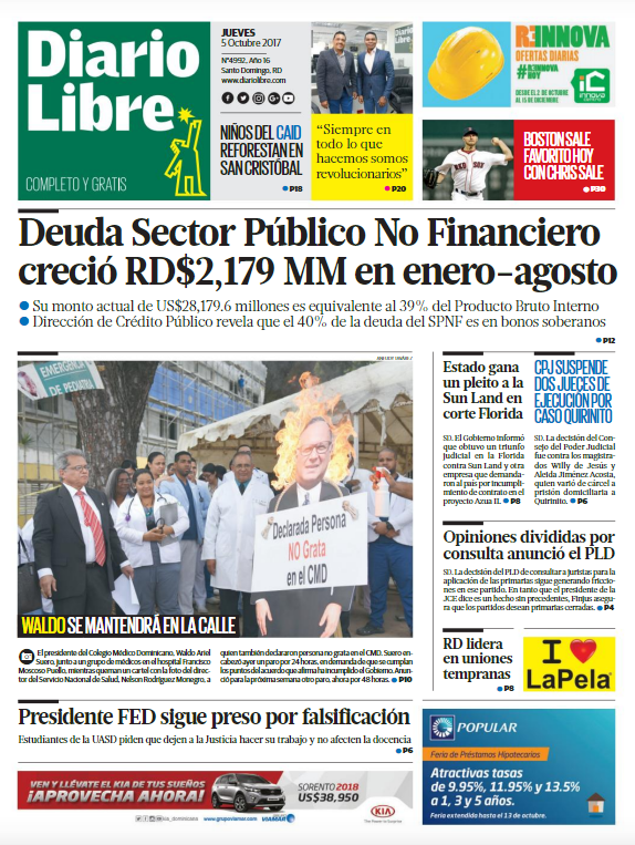 Portada Periódico Diario Libre, Jueves 05 de Octubre 2017