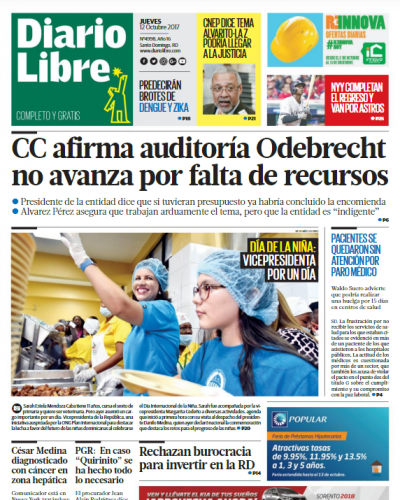 Portada Periódico Diario Libre, Jueves 12 de Octubre 2017