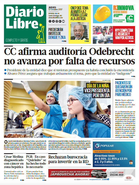 Portada Periódico Diario Libre, Jueves 12 de Octubre 2017