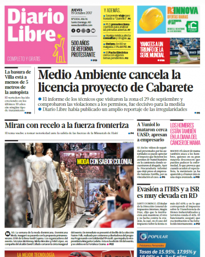Portada Periódico Diario Libre, Jueves 19 de Octubre 2017