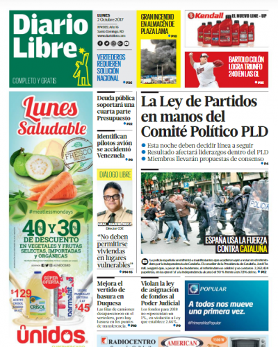 Portada Periódico Diario Libre, Lunes 02 de Octubre 2017