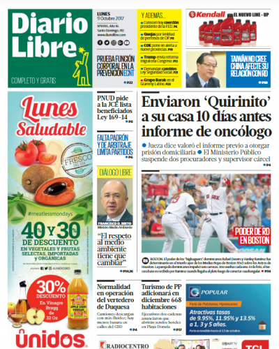 Portada Periódico Diario Libre, Lunes 09 de Octubre 2017