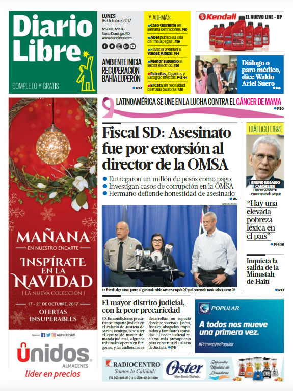 Portada Periódico Diario Libre, Lunes 16 de Octubre 2017