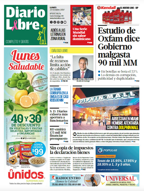 Portada Periódico Diario Libre, Lunes 23 de Octubre 2017
