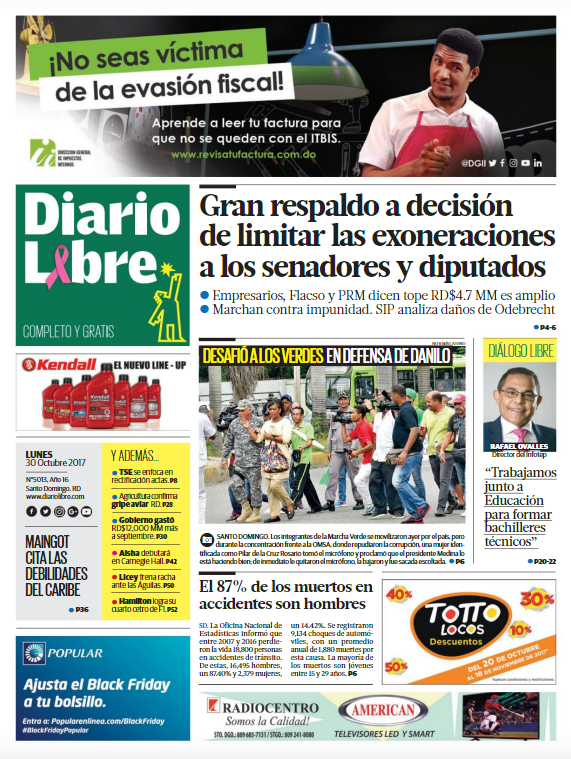 Portada Periódico Diario Libre, Lunes 30 de Octubre 2017