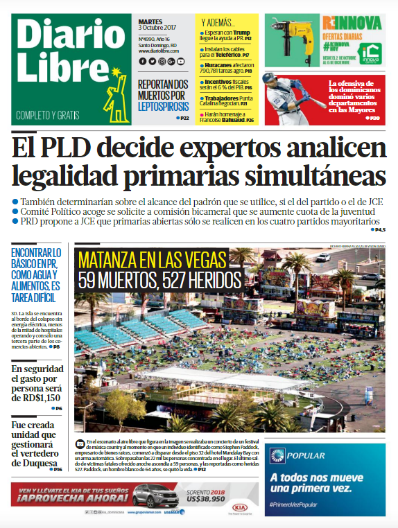 Portada Periódico Diario Libre, Martes 03 de Octubre 2017
