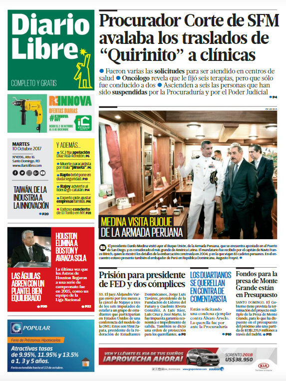 Portada Periódico Diario Libre, Martes 10 de Octubre 2017