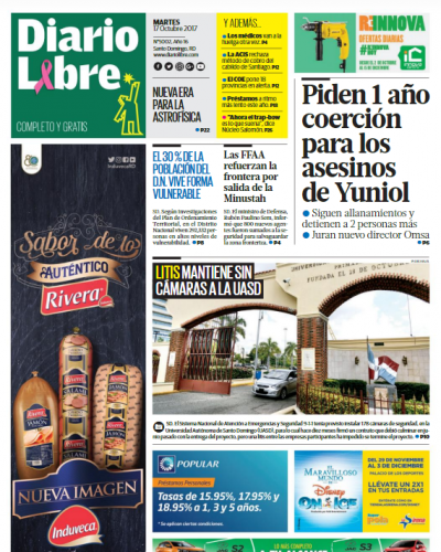 Portada Periódico Diario Libre, Martes 17 de Octubre 2017